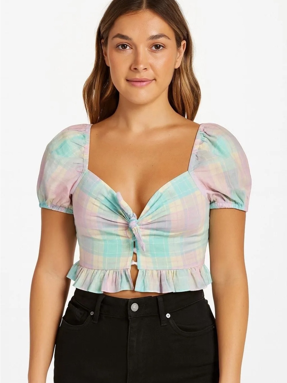 Abound Women Adley Pastel Plaid Tie-Front Puff Sleeve